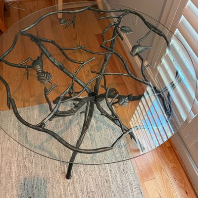 Nature-Inspired Branch & Bird Metal Base Glass-Top Table