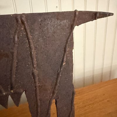 Heavy Metal and Wood Folk Art Sculpture with Angular Carved Face