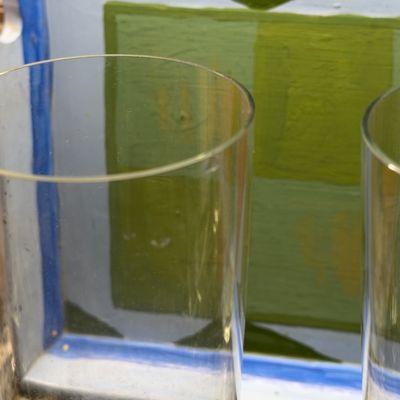 Lot of 7 Stemmed Drinking Glasses w Painted Geometric Serving Tray