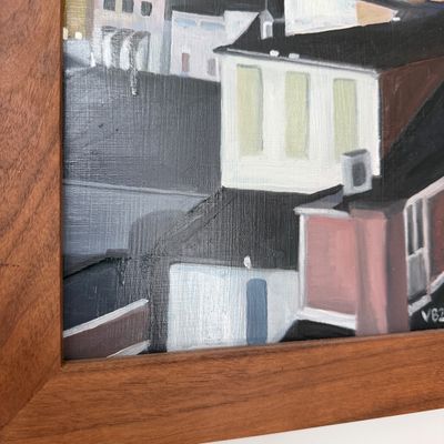 Victoria Burnett “Top of Hilltown” Oil on Slate Painting in Wood Frame Artwork