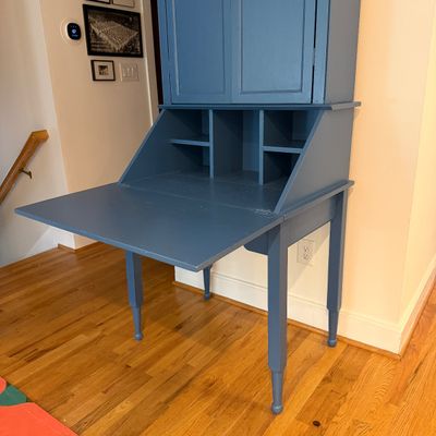 Vintage Blue Painted Secretary Desk / Drop-Front Writing Desk with Upper Cabinet, Shelves & Tapered Legs
