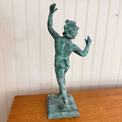 Patinated Bronze Dancing Satyr or Faun Sculpture on Base – 12-Inch Classical Figure