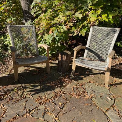 2 Rustic Coastal-Style Woven Outdoor Lounge Chairs w Tree Stump “Table”