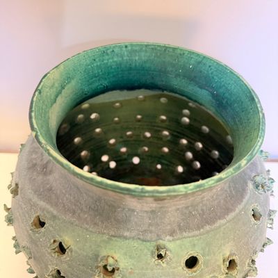 Green Glazed Textured Ceramic Pottery Vase with Pierced Organic Design, 9” Tall