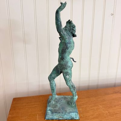 Patinated Bronze Dancing Satyr or Faun Sculpture on Base – 12-Inch Classical Figure