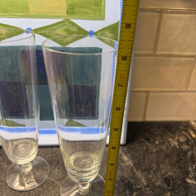 Lot of 7 Stemmed Drinking Glasses w Painted Geometric Serving Tray