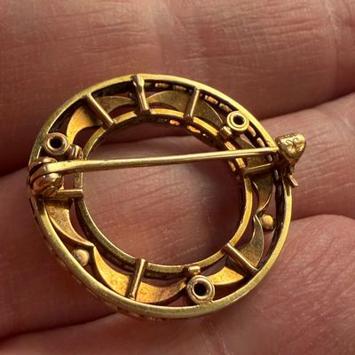 Krementz Antique Edwardian 14K Gold, Blue Enamel, Seed Pearl Brooch