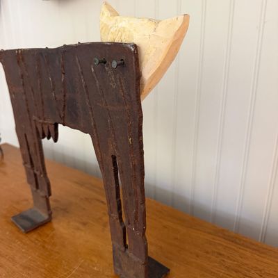 Heavy Metal and Wood Folk Art Sculpture with Angular Carved Face