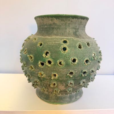 Green Glazed Textured Ceramic Pottery Vase with Pierced Organic Design, 9” Tall