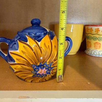 Collection of Colorful Decorative Ceramic Pottery, Serving Plates, Bowls, Teapot, and Mugs