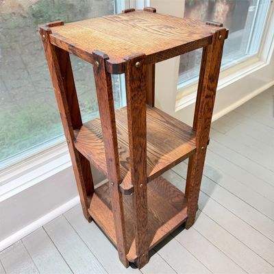 Rustic Solid Wood Three-Tier End Table / Plant Stand w Pegged Joinery &Brass Hardware