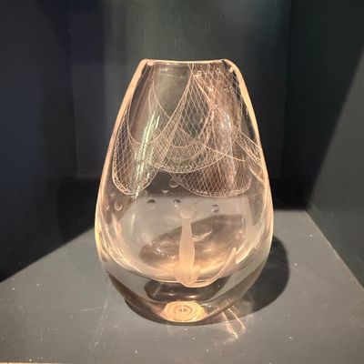 Kosta Boda Signed Art Glass Vase w White Threaded Net Design, Sweden
