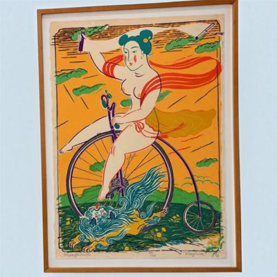 45”x33” Large Mayumi Oda Signed Limited Edition Color Screen Print, “Manjusuri (On the Bicycle),” 1980, Numbered 39/98