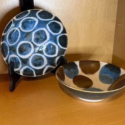 Studio Pottery Collection of Blue Glazed Bowls, Plates, and Pitcher, Signed Handmade Ceramics