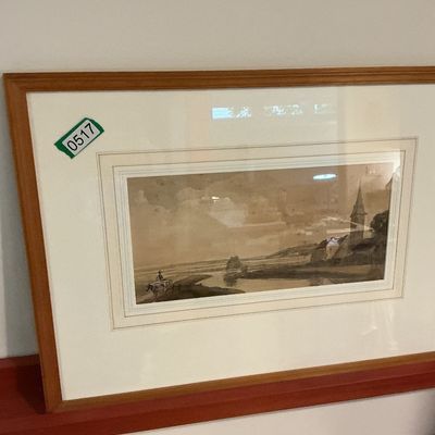 Framed Print of “Church on the Bank of a Winding River” After De Wint, Antique British Landscape