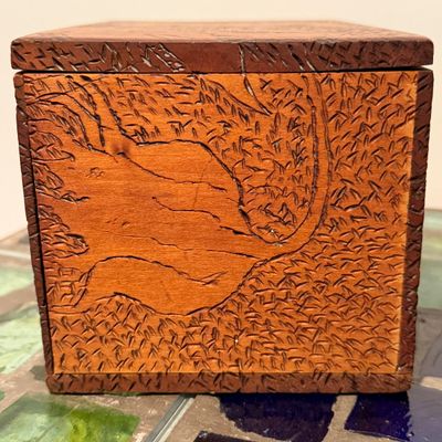 Antique Pyrographic Outfit in Carved Wood Case w Platinum-Point Tool & Glass Bottle