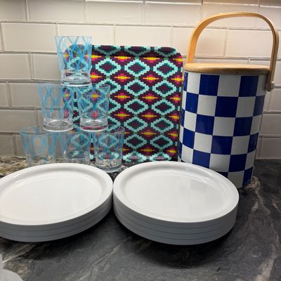 Lot of Colorful Plastic Kitchenware, Larry Laslo Ice Bucket, Serving Plates and Patterned Glasses