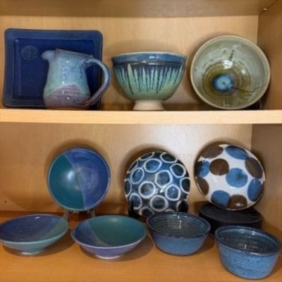 Studio Pottery Collection of Blue Glazed Bowls, Plates, and Pitcher, Signed Handmade Ceramics