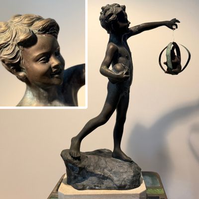 Classical Bronze-Finish Boy Sculpture on Stone Base
