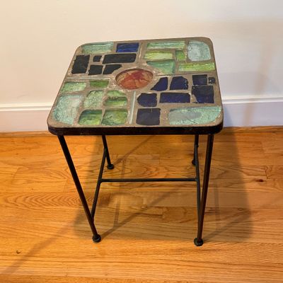 Vintage Glass-Inlaid Mosaic Accent Table with Multicolor Geometric Design and Metal Frame