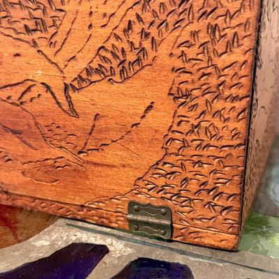 Antique Pyrographic Outfit in Carved Wood Case w Platinum-Point Tool & Glass Bottle