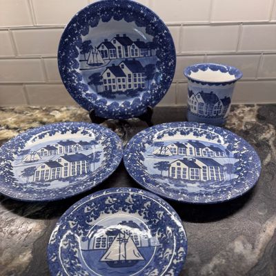 Lot 5 Coastal Ceramic Plates & Crock Sailboat Seaside Village Designs