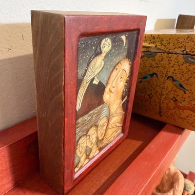 Folk Art Collection –Julia Stankova “A Bird Bizarre” Painted Wood Reliefs, Bird-Decorated Wooden Box, Two Wood Bird Sculptures & Clay...