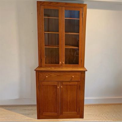 3 of 3 Oak Wood Hutch Cabinet w Glass-Front Display & Storage Cupboard