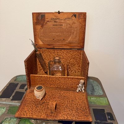 Antique Pyrographic Outfit in Carved Wood Case w Platinum-Point Tool & Glass Bottle