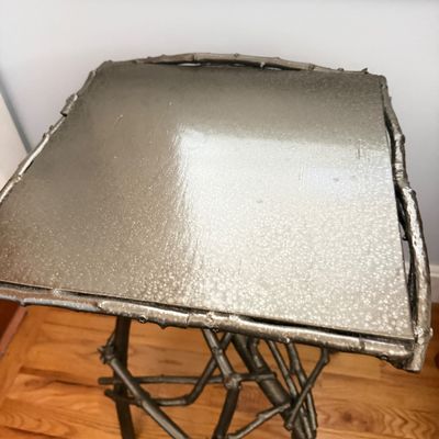 Sculptural Metal Accent Table with Branch-Inspired Base and Textured Square Top
