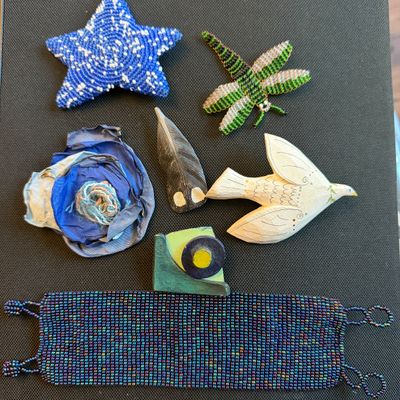 Jewelry Lot Handcrafted Folk Art Brooches and Beaded Bracelet