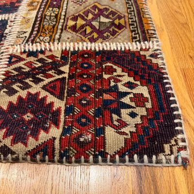 Multicolored Patchwork Rug Runner with Geometric Tribal Patterns w Rug Pad