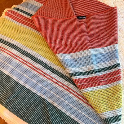 Marimekko Paraati Multicolor Striped Cotton Beach Towel by Fujiwo Ishimoto, 35” × 72”