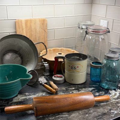 Vintage Kitchenware Lot – French Le Parfait Glass Jars, Enamel Flour Sifter, Turquoise Stoneware Bowl & Baking Tools