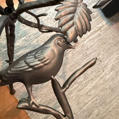 Nature-Inspired Branch & Bird Metal Base Glass-Top Table