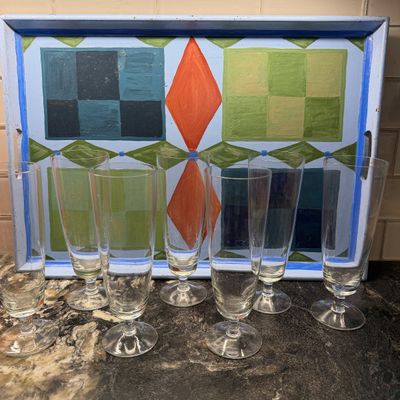Lot of 7 Stemmed Drinking Glasses w Painted Geometric Serving Tray