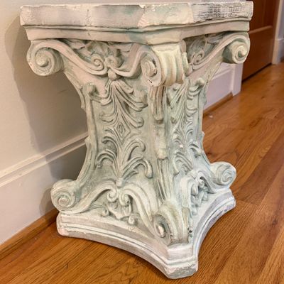Lot of 2 Ornate Pedestal Plant Stands, Distressed Decorative Scrollwork