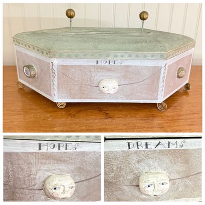 Artisanal Hand-Painted Wooden Keepsake Box with Sculpted Faces