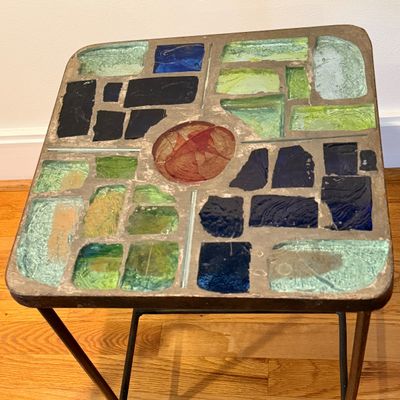 Vintage Glass-Inlaid Mosaic Accent Table with Multicolor Geometric Design and Metal Frame