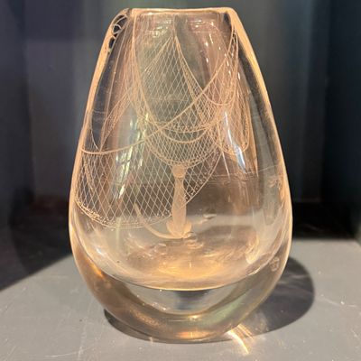 Kosta Boda Signed Art Glass Vase w White Threaded Net Design, Sweden