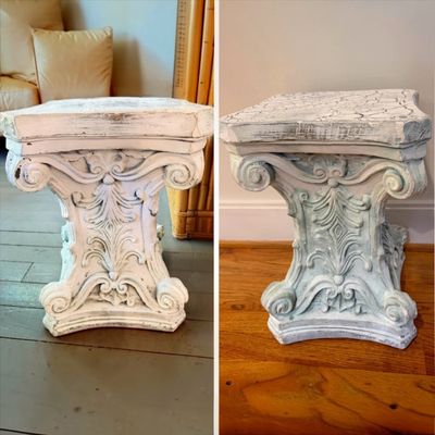 Lot of 2 Ornate Pedestal Plant Stands, Distressed Decorative Scrollwork