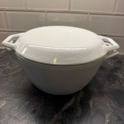 Vintage White Enamelware Covered Casserole Dish w Lid - Copco Denmark