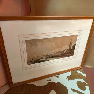 Framed Print of “Church on the Bank of a Winding River” After De Wint, Antique British Landscape