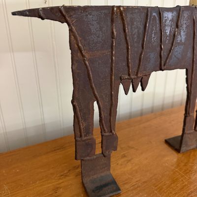 Heavy Metal and Wood Folk Art Sculpture with Angular Carved Face