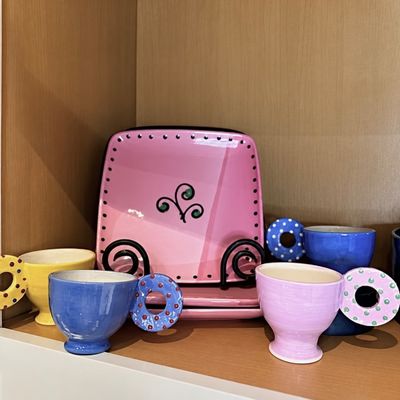 7 Pc. Lot - S. L. Martina Italy Pink Ceramic Plates + Colorful Polka Dot Handle Mugs