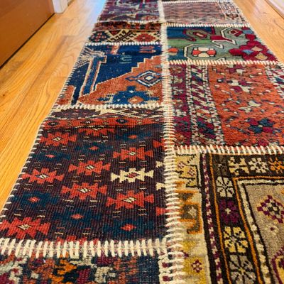 Multicolored Patchwork Rug Runner with Geometric Tribal Patterns w Rug Pad