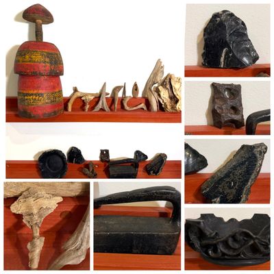 Organic & Primitive Sculptural Objects Lot – Found Wood, Driftwood, Natural Stone & Rustic Metal