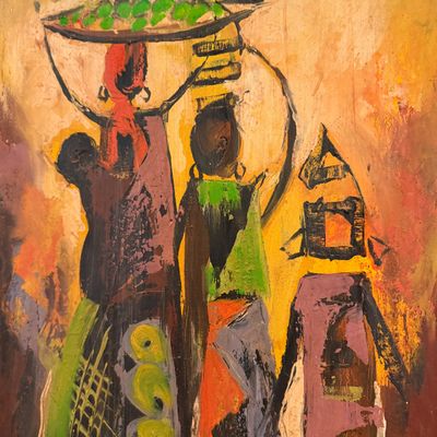 Signed African Figurative Oil Painting, Two Stylized Figures, Earth-Tone Geometric Composition