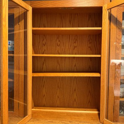 2 of 3 Oak Wood Hutch Cabinet w Glass-Front Display Storage Cupboard