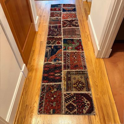 Multicolored Patchwork Rug Runner with Geometric Tribal Patterns w Rug Pad